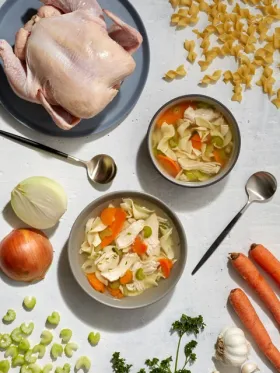 Chicken soup with noodles and vegetables ingredients