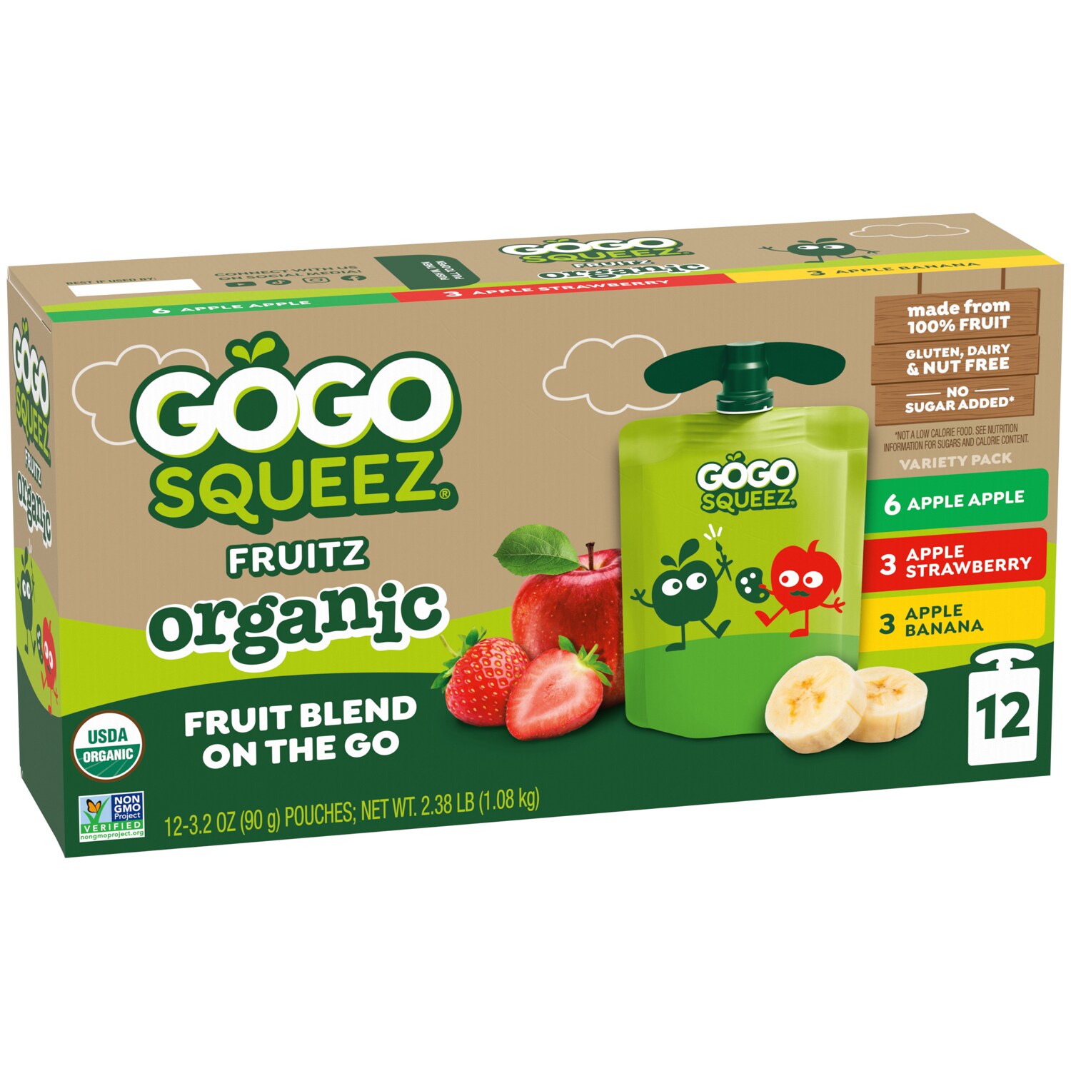 GoGo SqueeZ No Sugar Added Organic Applesauce & Fruit Puree Variety Pack, Apple Apple, Apple Strawberry & Apple Banana