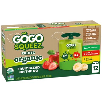GoGo SqueeZ No Sugar Added Organic Applesauce & Fruit Puree Variety Pack, Apple Apple, Apple Strawberry & Apple Banana