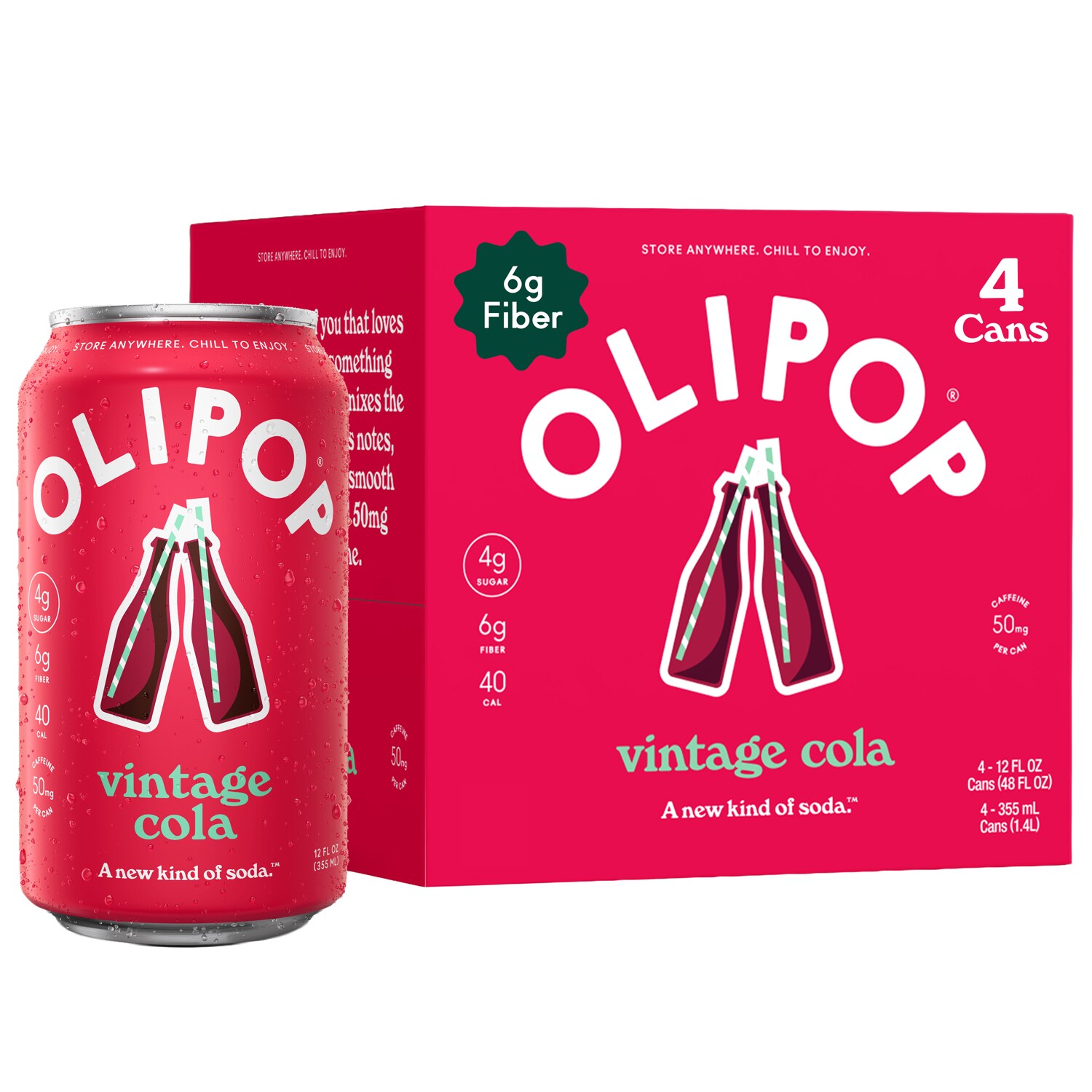 OLIPOP 6g Fiber Prebiotic Soda, Vintage Cola, Cans
