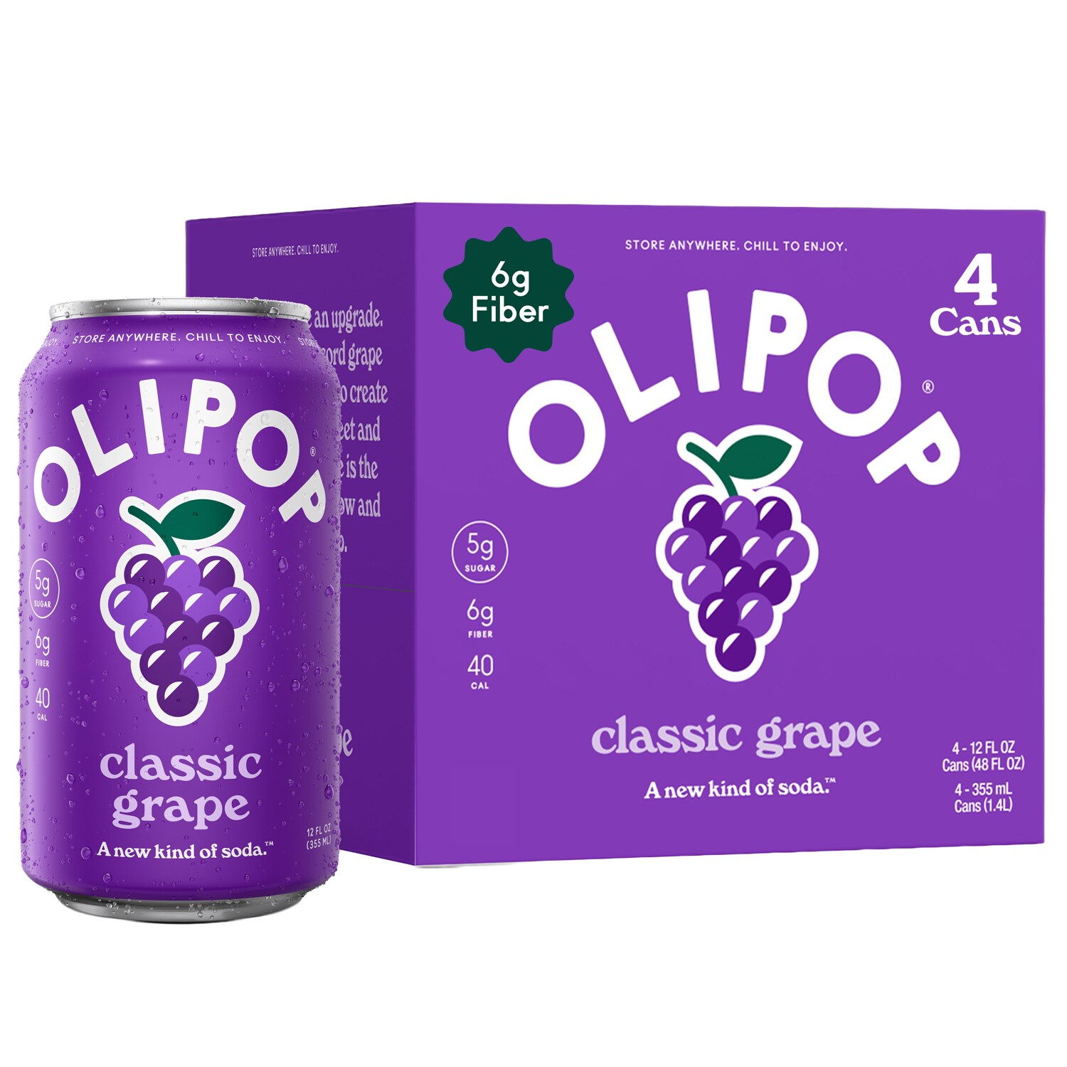 OLIPOP 6g Fiber Prebiotic Soda, Classic Grape, Cans