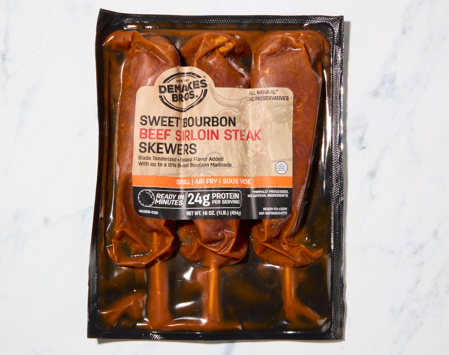 Demakes Bros. Beef Sirloin Steak Skewers, Sweet Bourbon, Frozen, image 2 of 2 slides