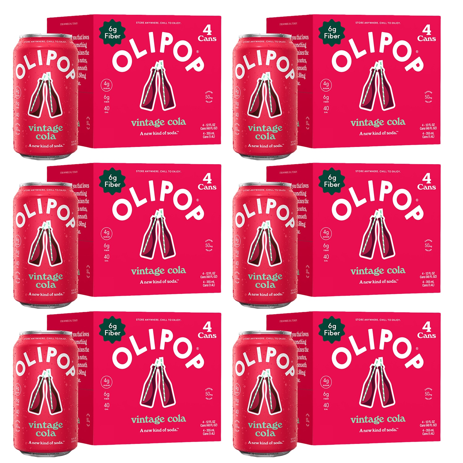 OLIPOP 6g Fiber Prebiotic Soda, Vintage Cola, Cans, Case
