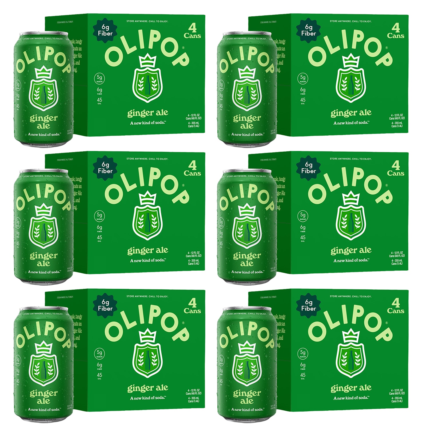 OLIPOP 6g Fiber Prebiotic Soda, Ginger Ale, Cans, Case