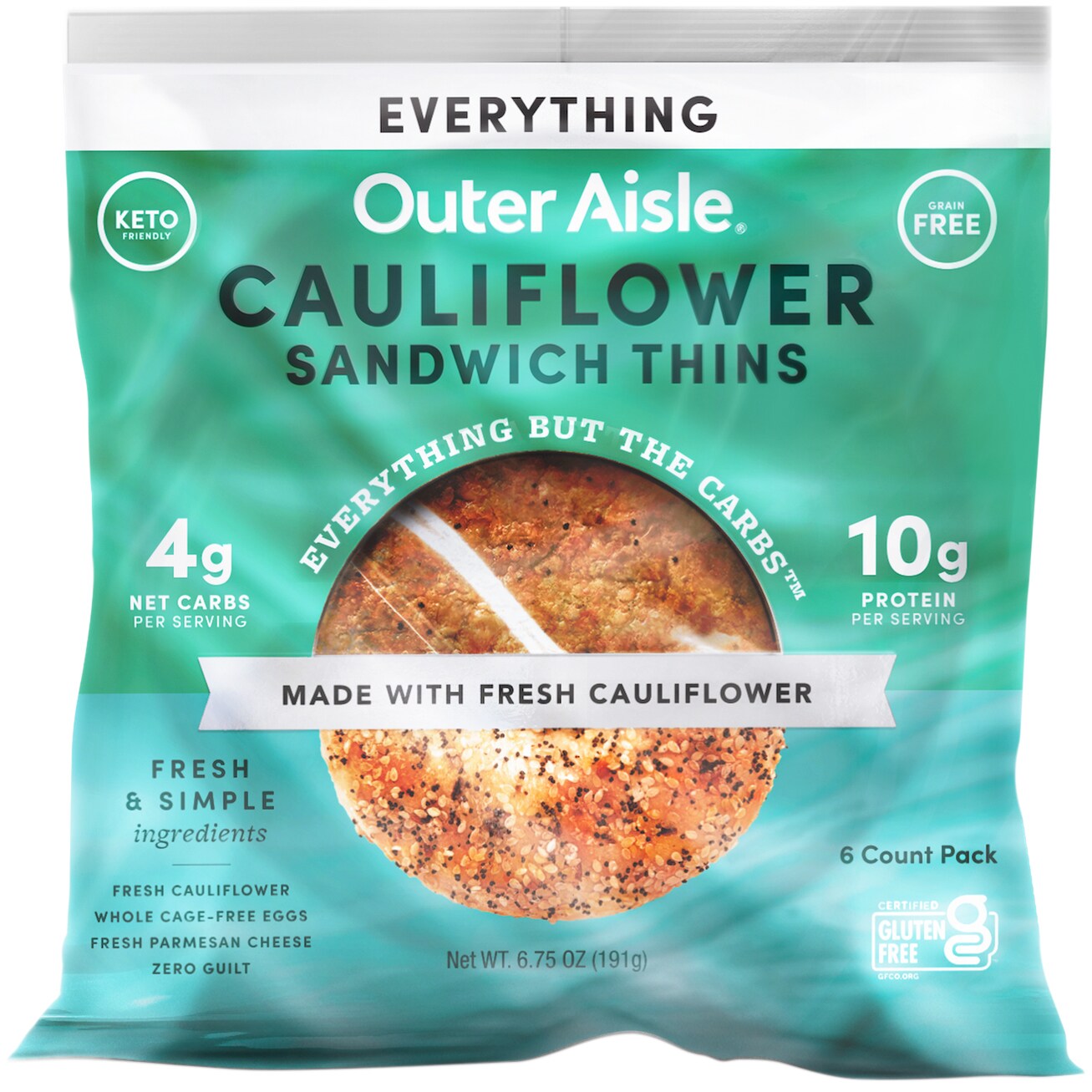 Outer Aisle Gluten Free Cauliflower Sandwich Thins, Everything, Frozen