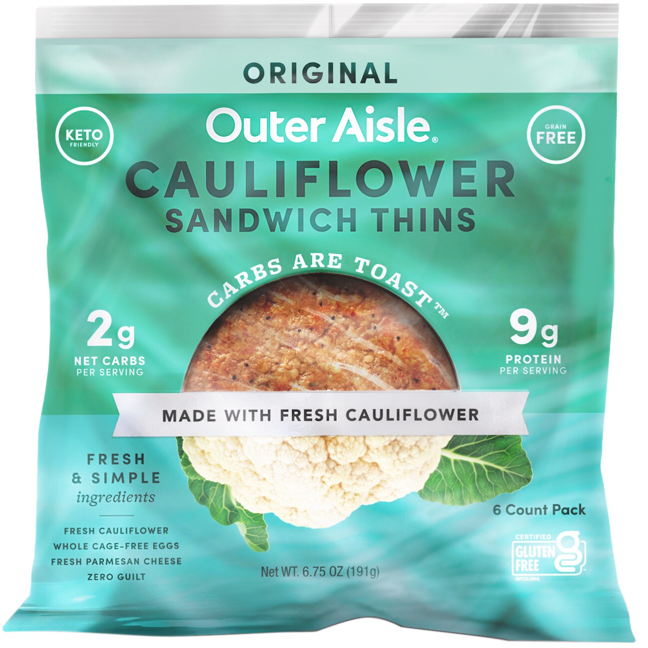 Outer Aisle Gluten Free Cauliflower Sandwich Thins, Original, Frozen