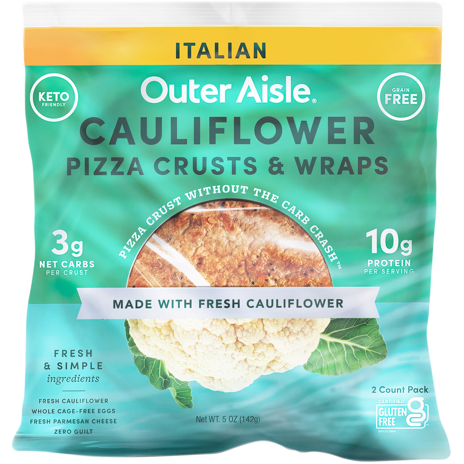 Outer Aisle Gluten Free Cauliflower Pizza Crusts & Wraps, Italian, Frozen