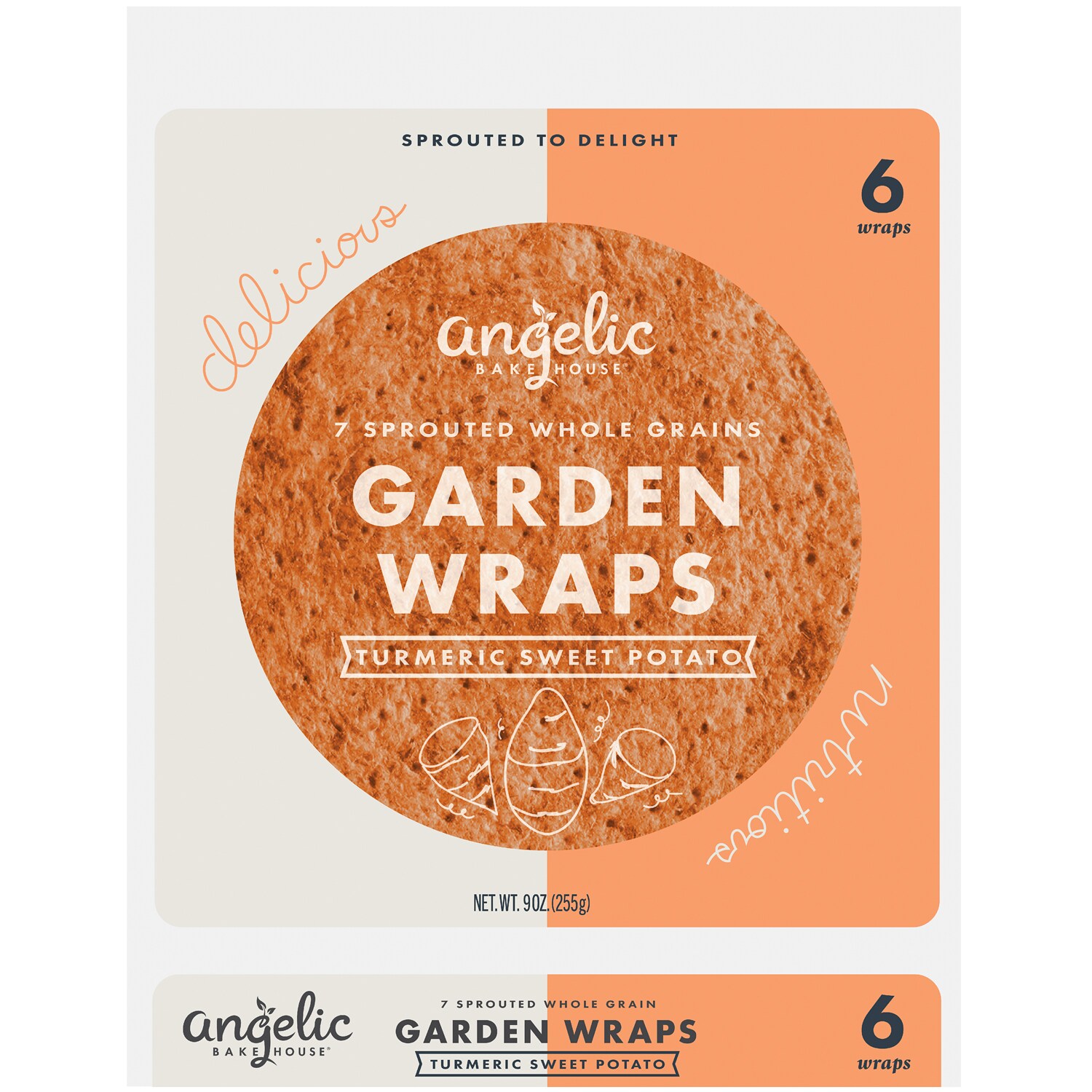 Angelic Bakehouse 7 Sprouted Whole Grains Garden Wraps, Turmeric Sweet Potato, Frozen
