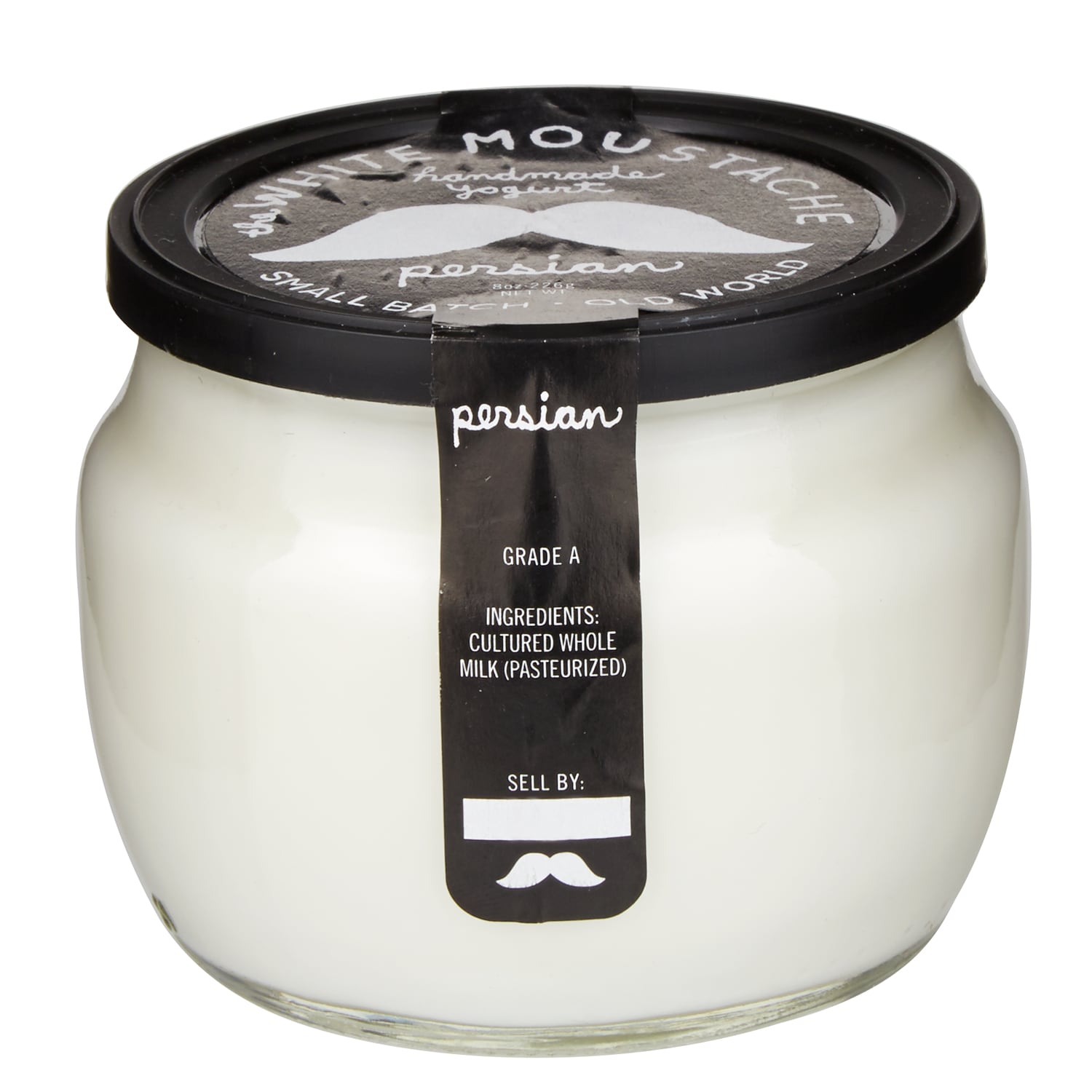 The White Moustache Persian whole-milk yogurt in a clear 8-ounce glass jar with a black lid