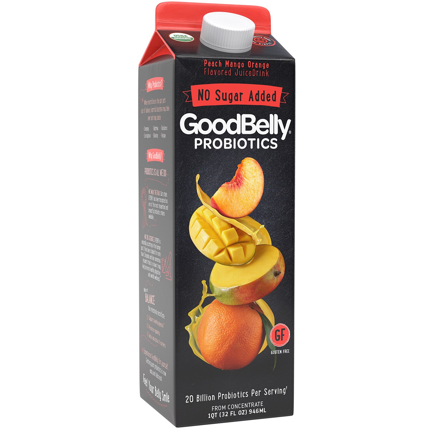 GoodBelly Probiotics Organic No Sugar Added Juice Drink, Peach Mango Orange, Carton