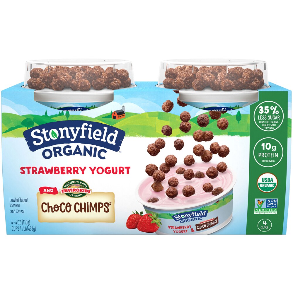Stonyfield Organic Kids Toppers Lowfat Yogurt, Strawberry & Choco Chimps Cereal