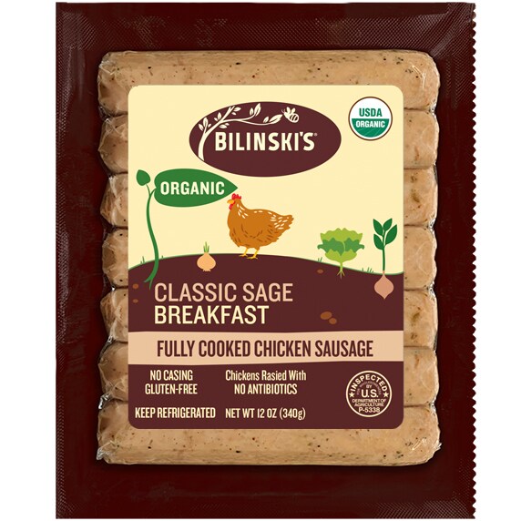 Bilinski's Organic Chicken Sausage, Classic Sage Breakfast