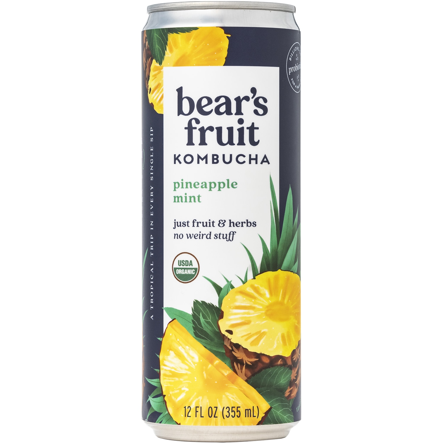 Bear's Fruit Organic Kombucha, Pineapple Mint, Can