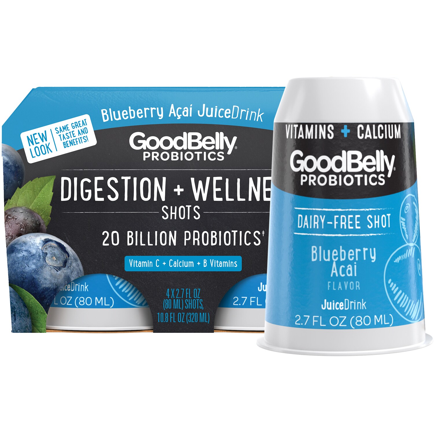 GoodBelly Probiotics Organic Digestion + Wellness Shots, Blueberry Acai, Plastic Bottles