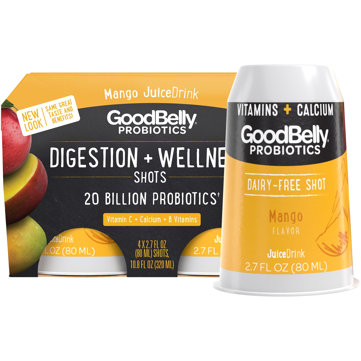 GoodBelly Probiotics Organic Digestion + Wellness Shots, Mango, Plastic Bottles