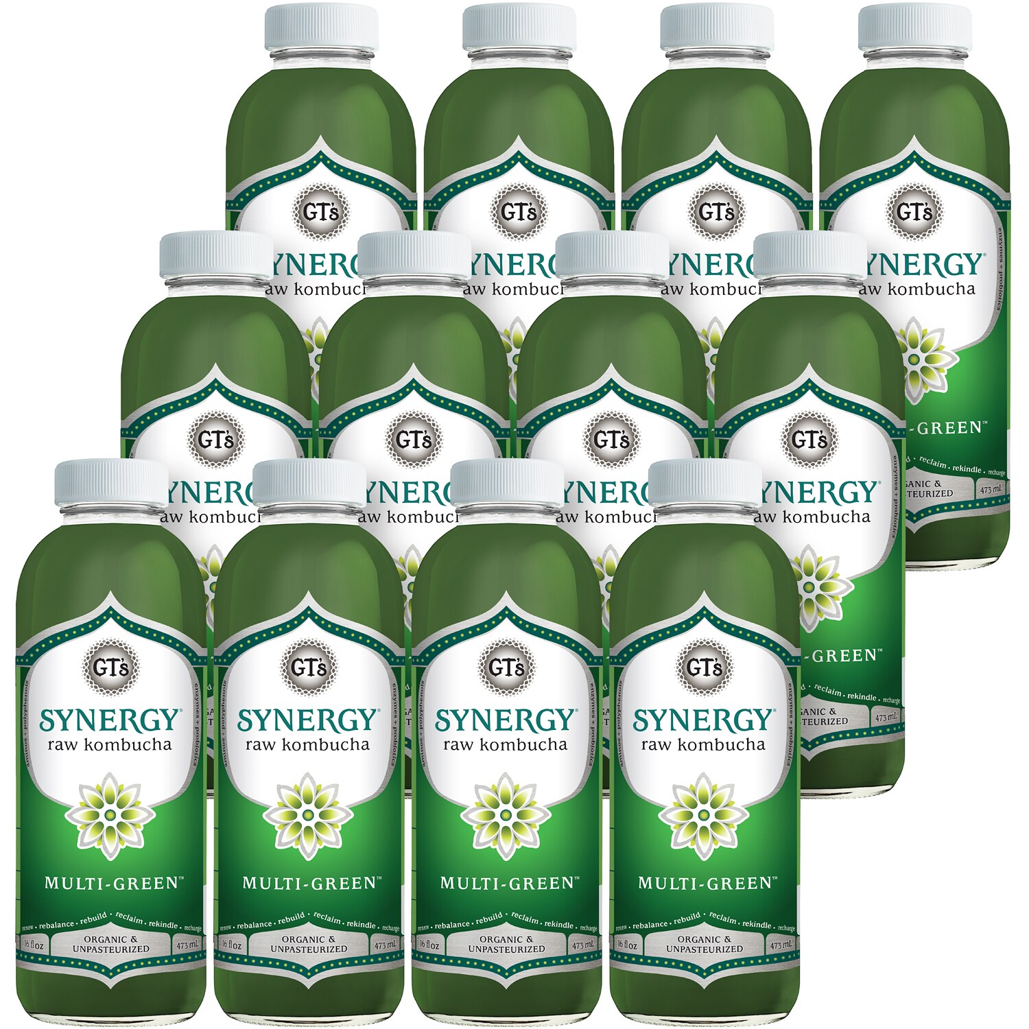 GT's Synergy Organic Raw Kombucha, Multi-Green, Glass Bottles