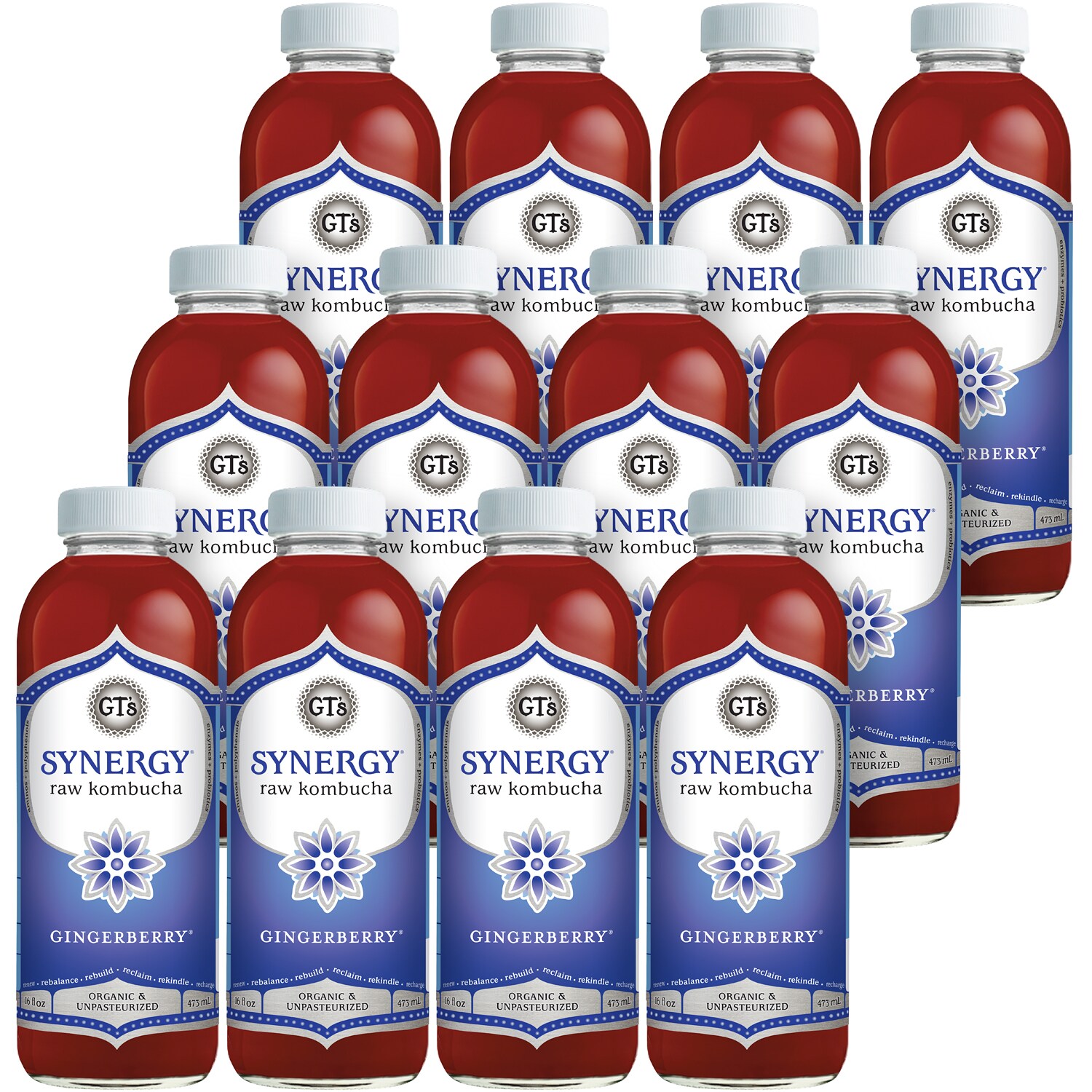 GT's Synergy Organic Raw Kombucha, Gingerberry, Glass Bottles