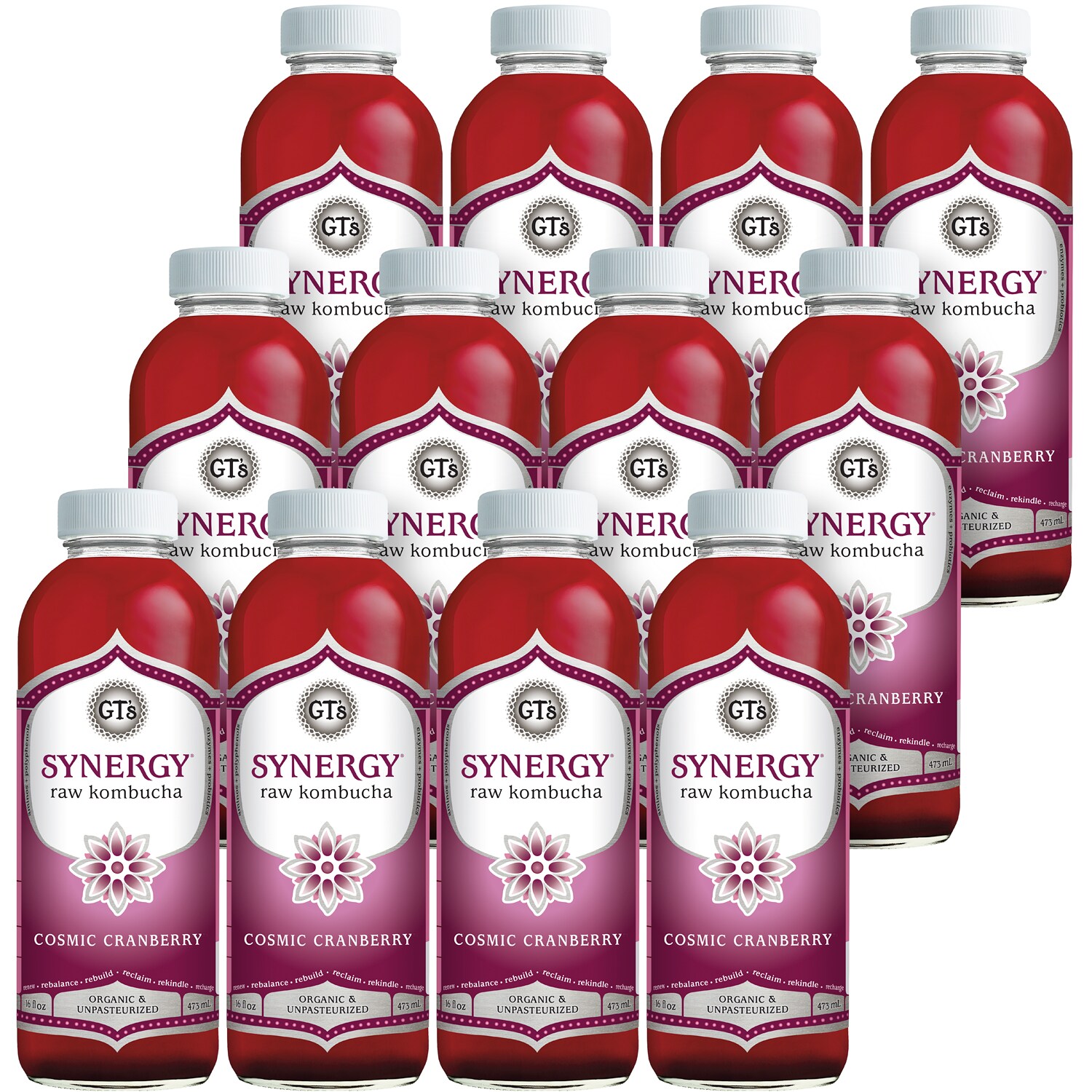 GT's Synergy Organic Raw Kombucha, Cosmic Cranberry, Glass Bottles