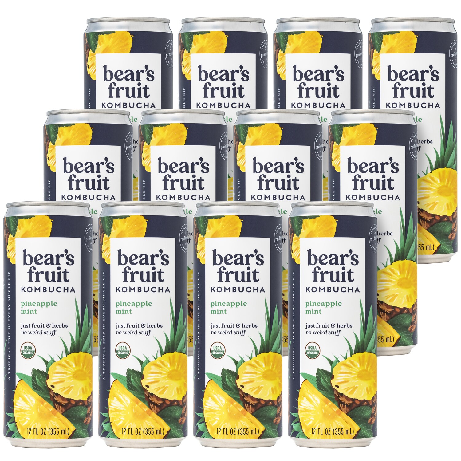 Bear's Fruit Organic Kombucha, Pineapple Mint, Cans