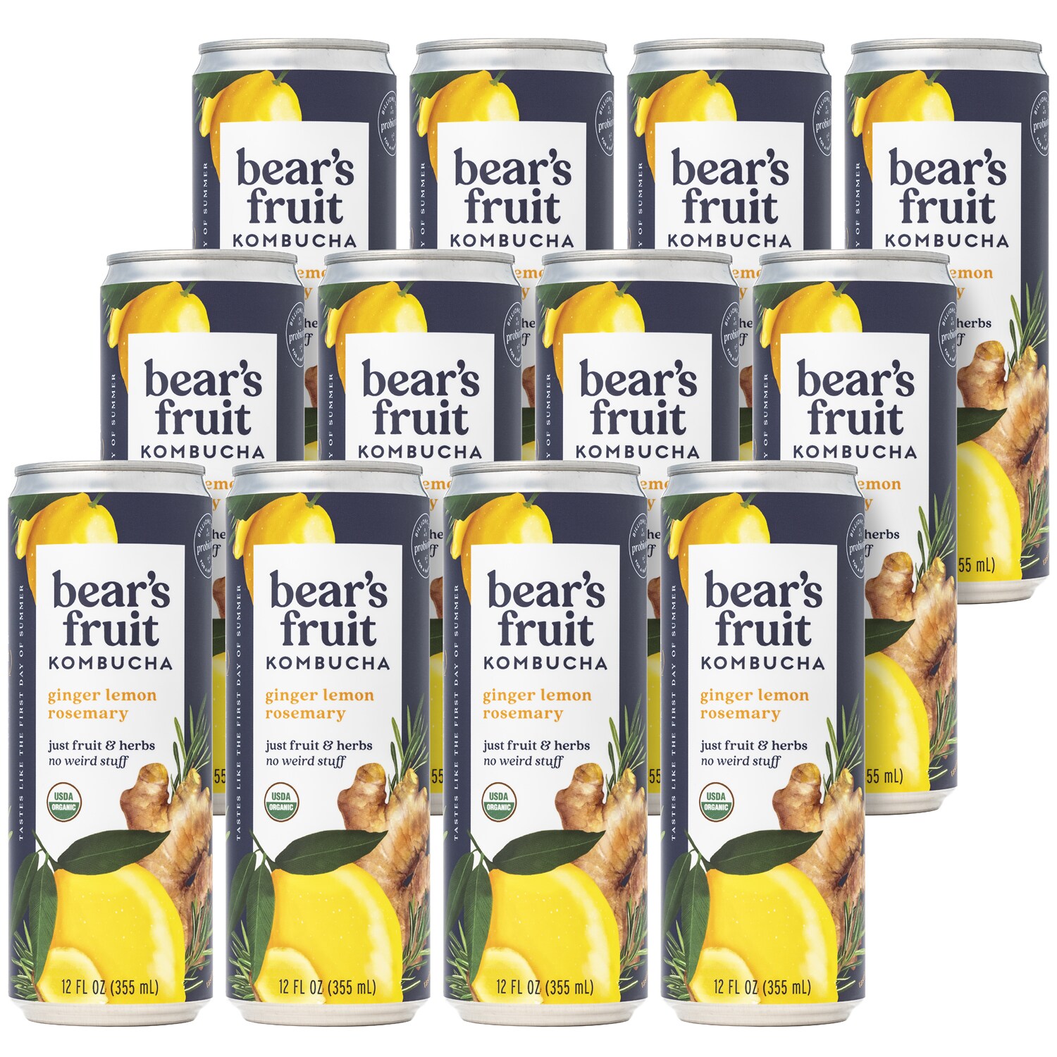 Bear's Fruit Organic Kombucha, Ginger Lemon Rosemary, Cans