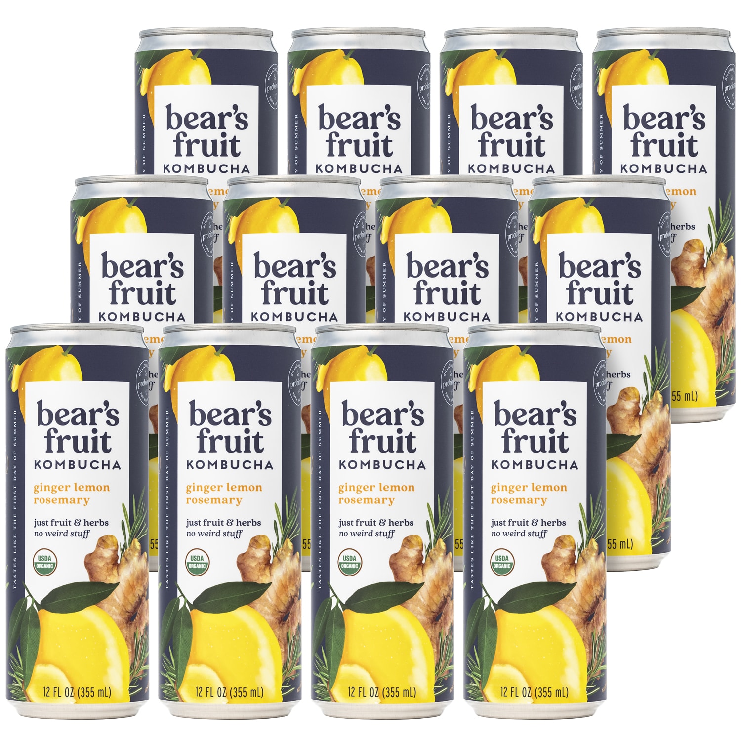 Bear's Fruit Organic Kombucha, Ginger Lemon Rosemary, Cans