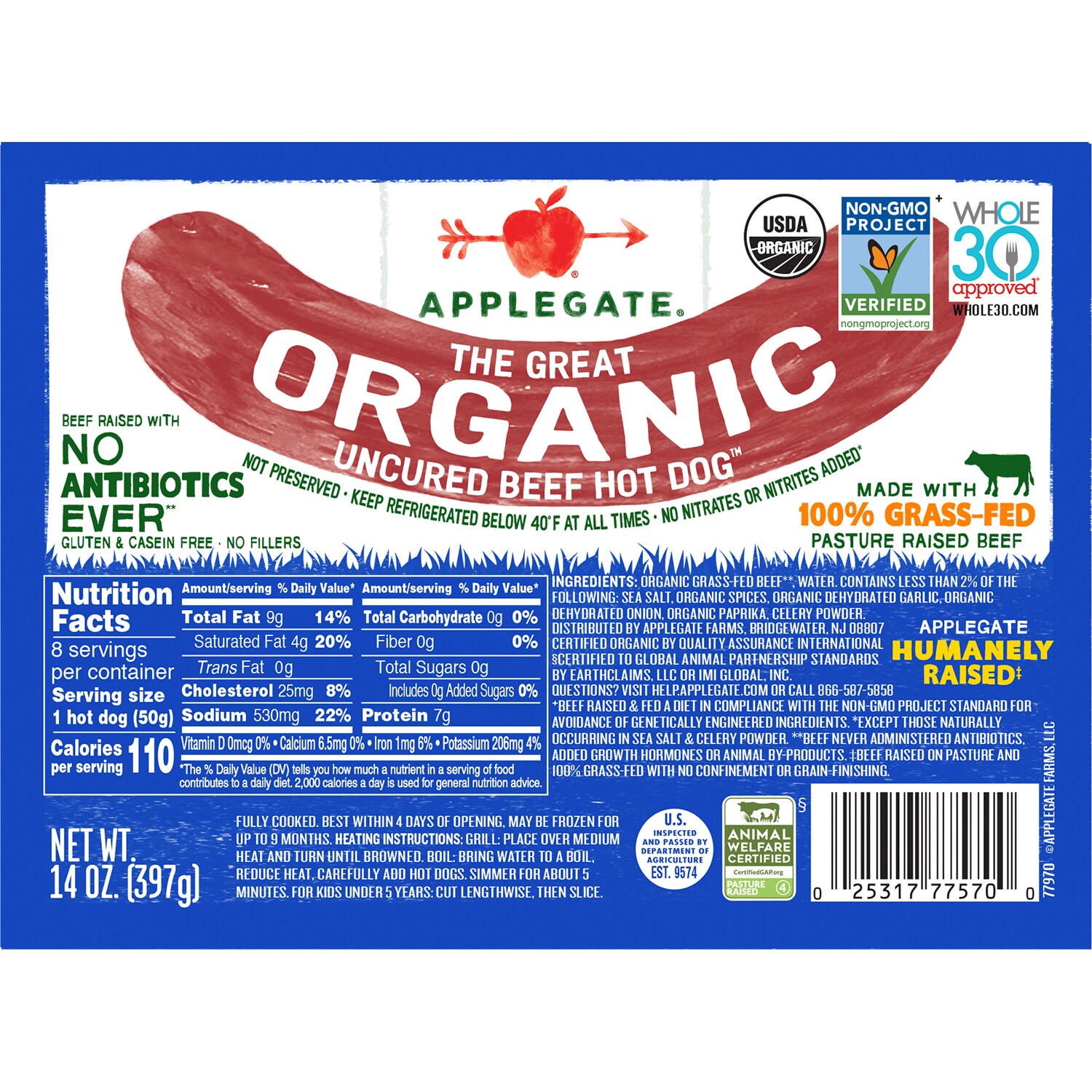 Applegate The Great Organic Uncured Beef Hot Dogs