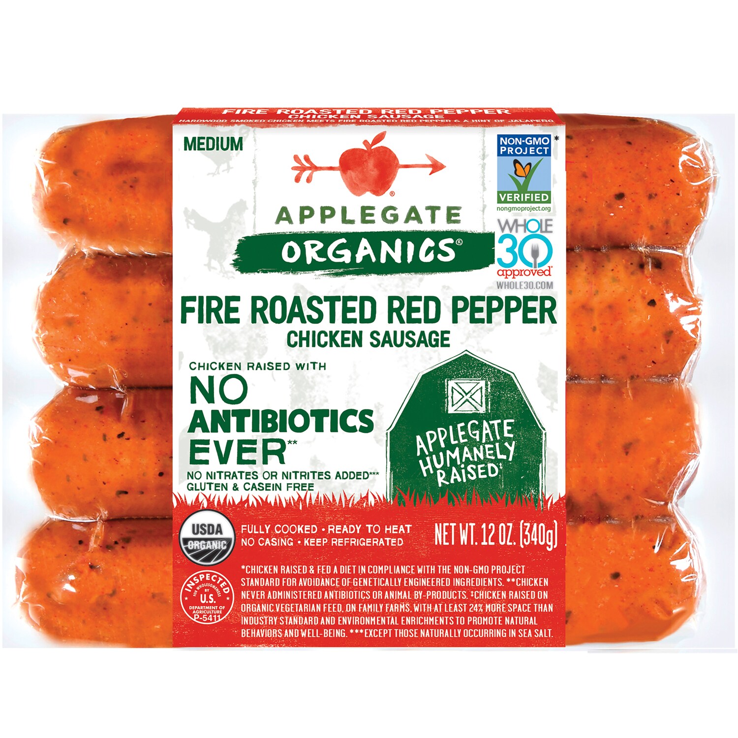 Applegate Organics Chicken Sausage, Fire Roasted Red Pepper