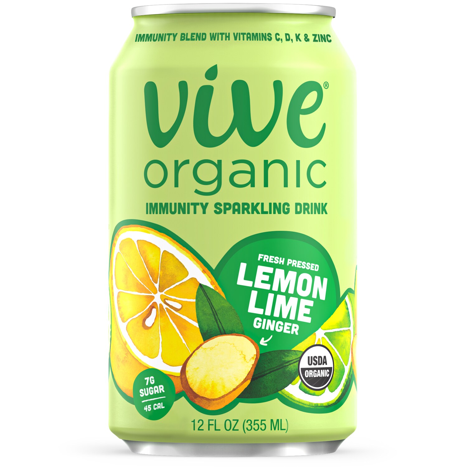Vive Organic Immunity Sparkling Drink, Lemon Lime Ginger, Can