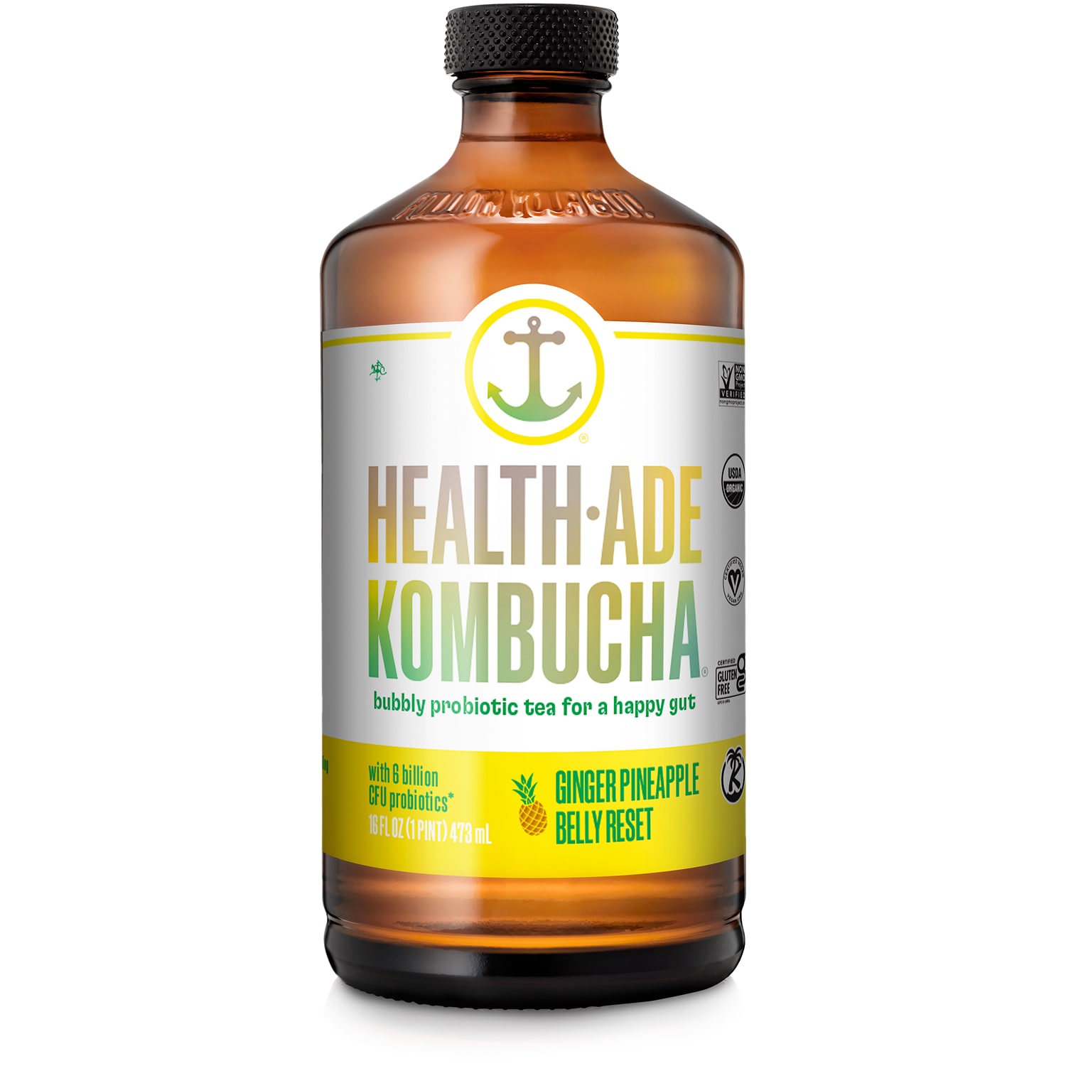 Health-Ade Kombucha, Ginger Pineapple Belly Reset, Glass Bottle