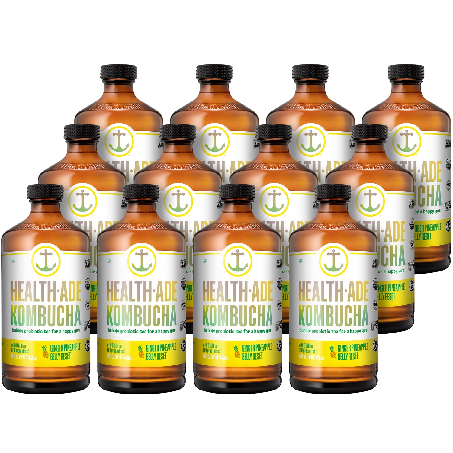Health-Ade Kombucha, Ginger Pineapple Belly Reset, Glass Bottles