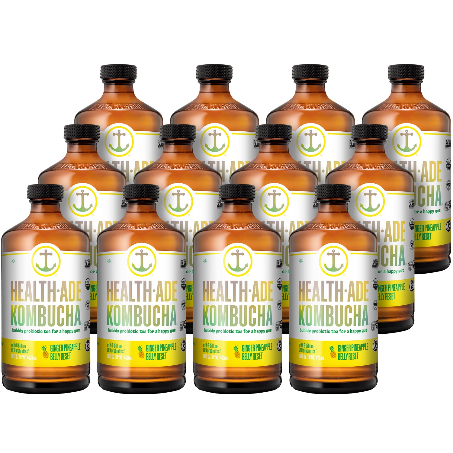 Health-Ade Kombucha, Ginger Pineapple Belly Reset, Glass Bottles