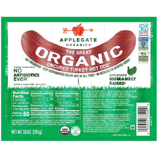 Applegate The Great Organic Uncured Turkey Hot Dogs