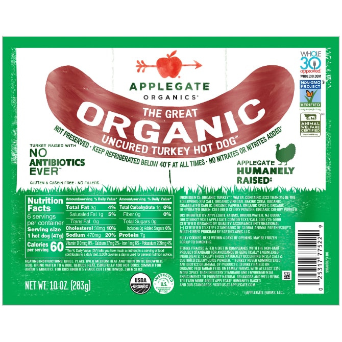 Applegate The Great Organic Uncured Turkey Hot Dogs
