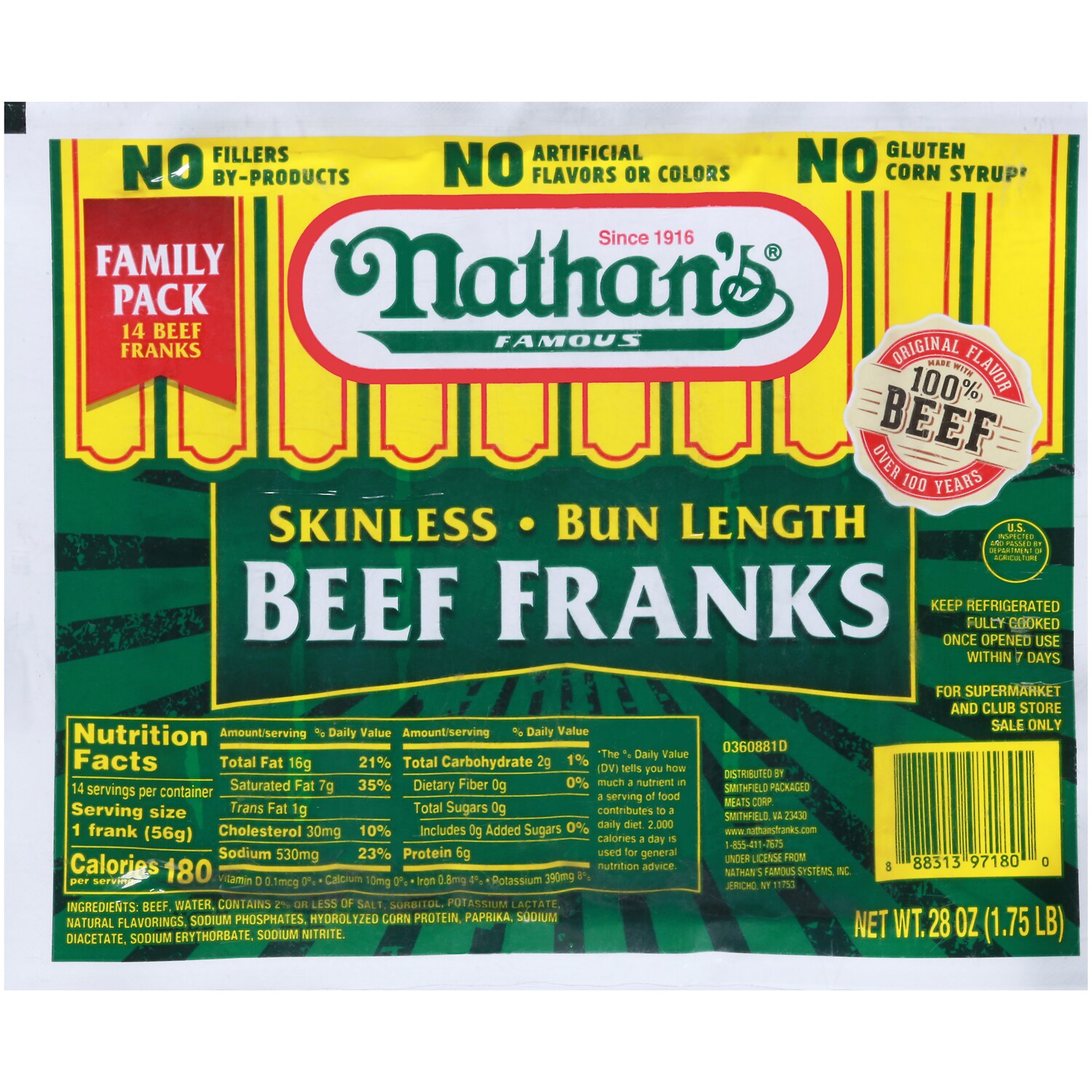 Nathan's Famous Bun Length Skinless Beef Franks, Family Pack