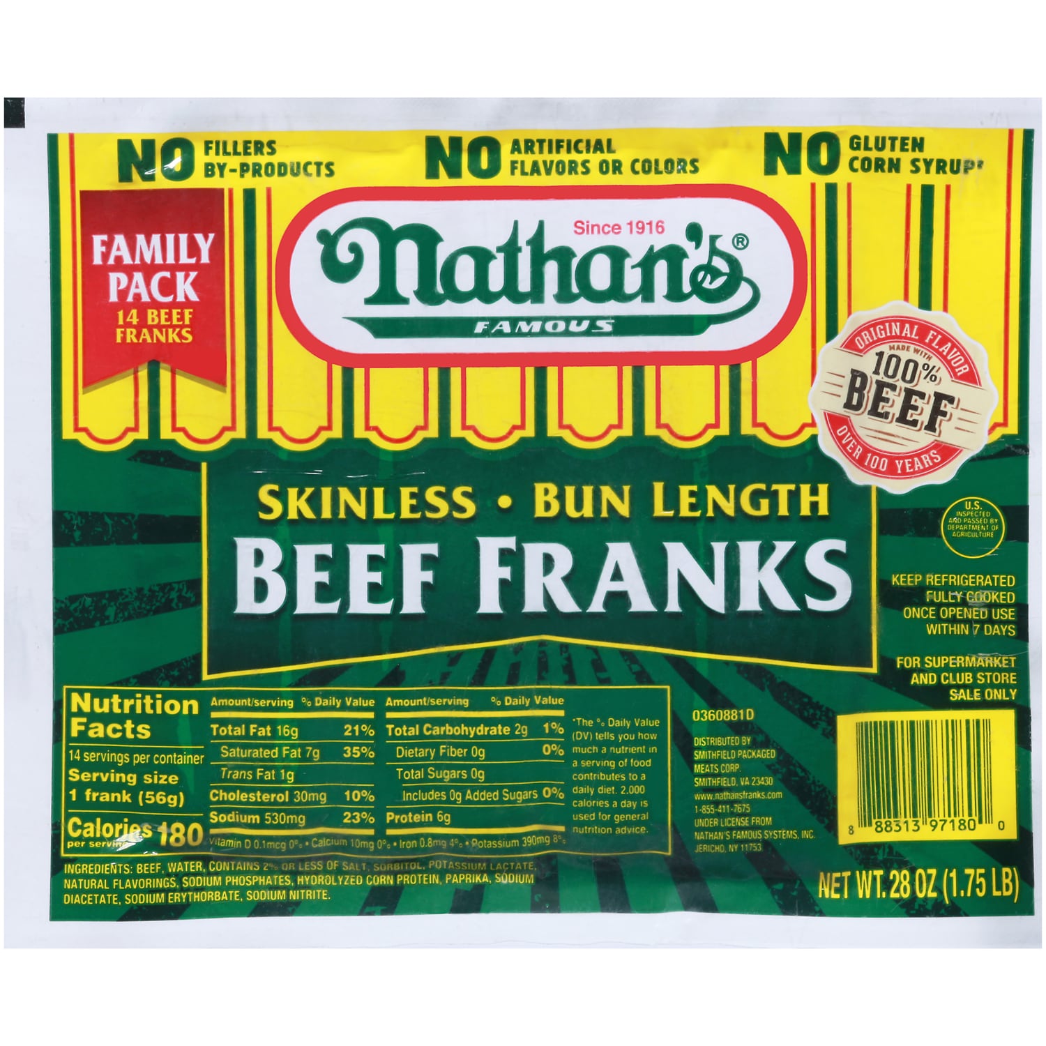 Nathan's Famous Bun Length Skinless Beef Franks, Family Pack