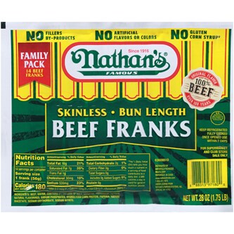 Nathan's Famous Bun Length Skinless Beef Franks, Family Pack