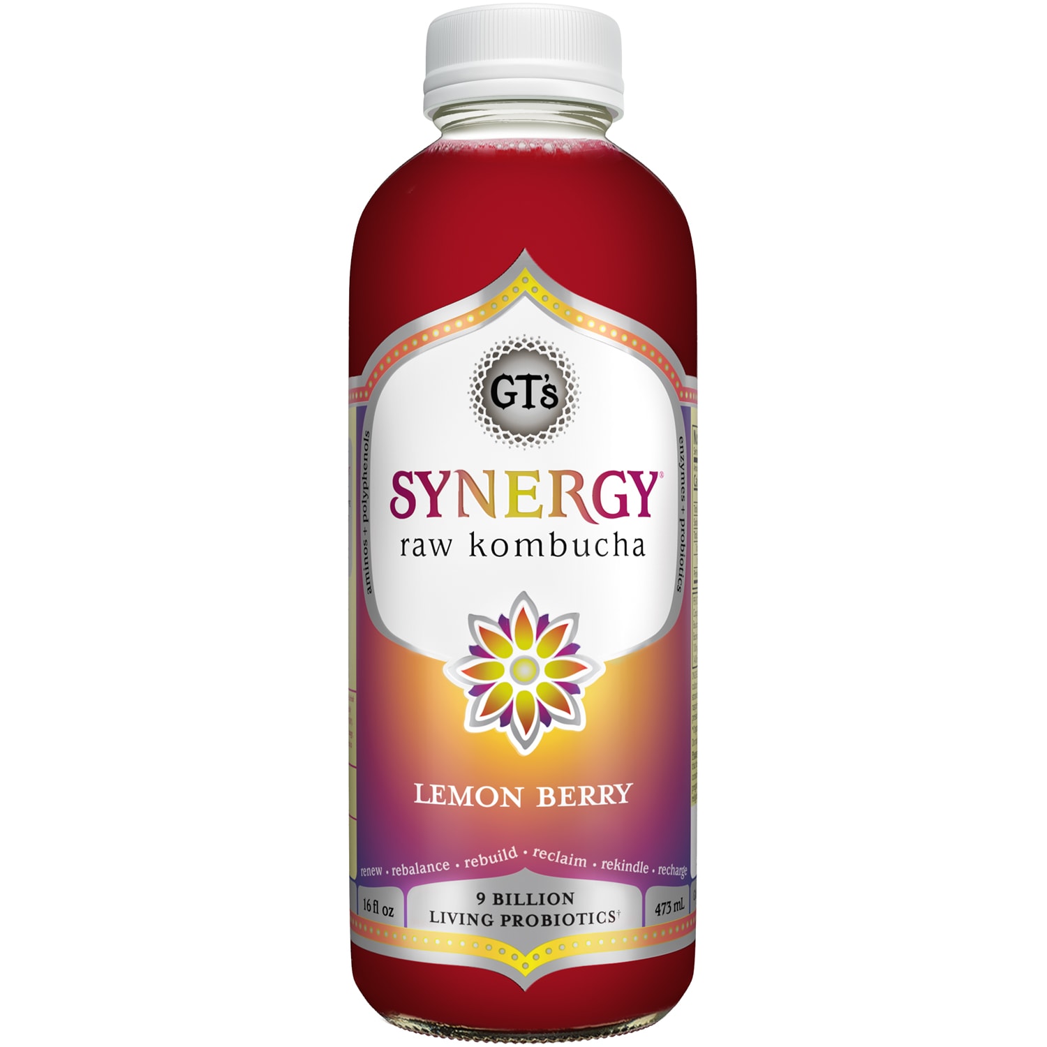 GT's Synergy Organic Raw Kombucha, Lemon Berry, Glass Bottle