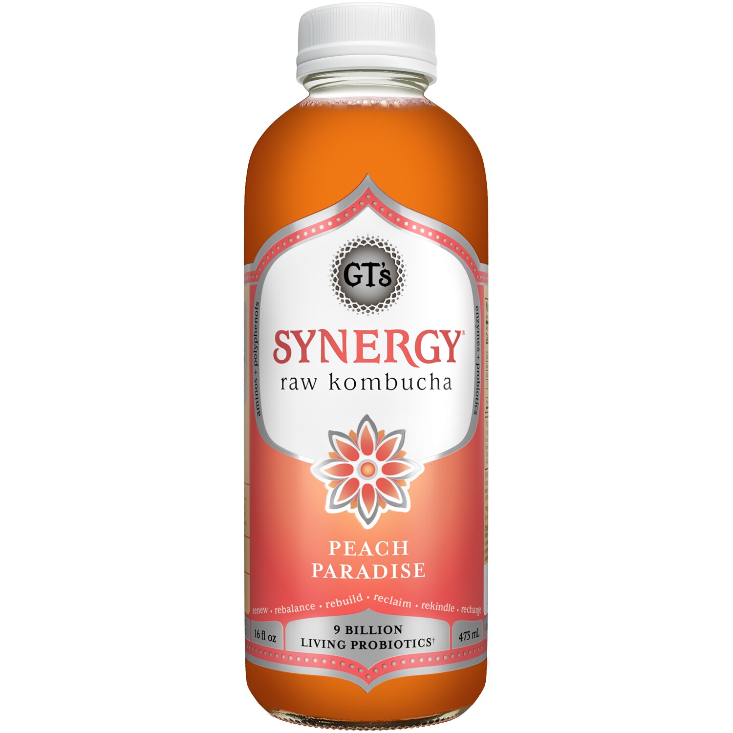 GT's Synergy Organic Raw Kombucha, Peach Paradise, Glass Bottle