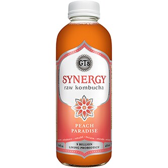 GT's Synergy Organic Raw Kombucha, Peach Paradise, Glass Bottle