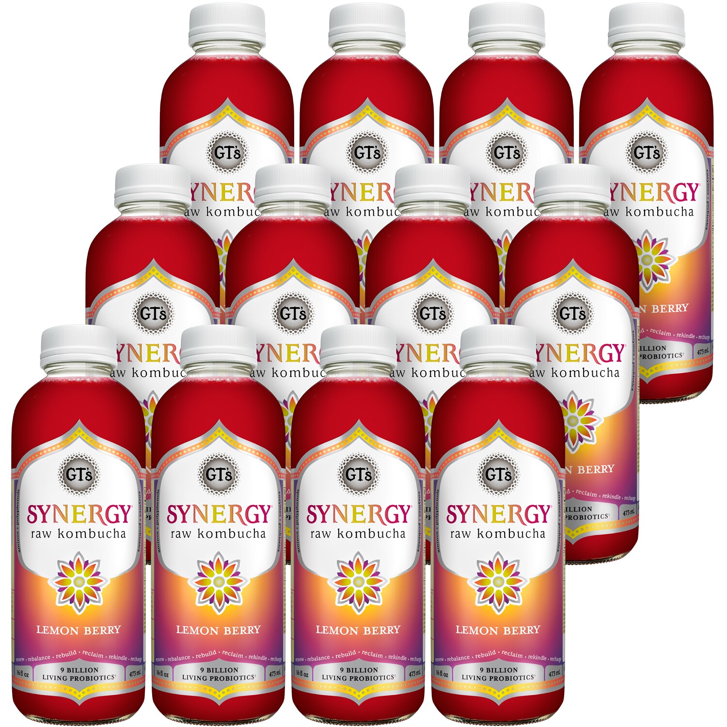 GT's Synergy Organic Raw Kombucha, Lemon Berry, Glass Bottles