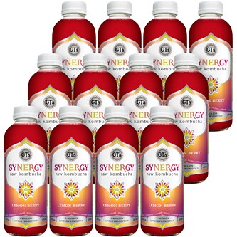 GT's Synergy Organic Raw Kombucha, Lemon Berry, Glass Bottles