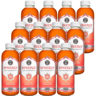 GT's Synergy Organic Raw Kombucha, Peach Paradise, Glass Bottles