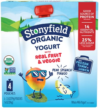 Stonyfield Organic Kids Whole Milk Yogurt Pouches, Pear, Spinach, and Mango