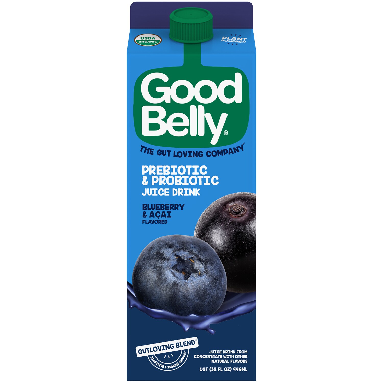 Goodbelly Probiotics Organic Juice Drink, Blueberry Acai, Carton