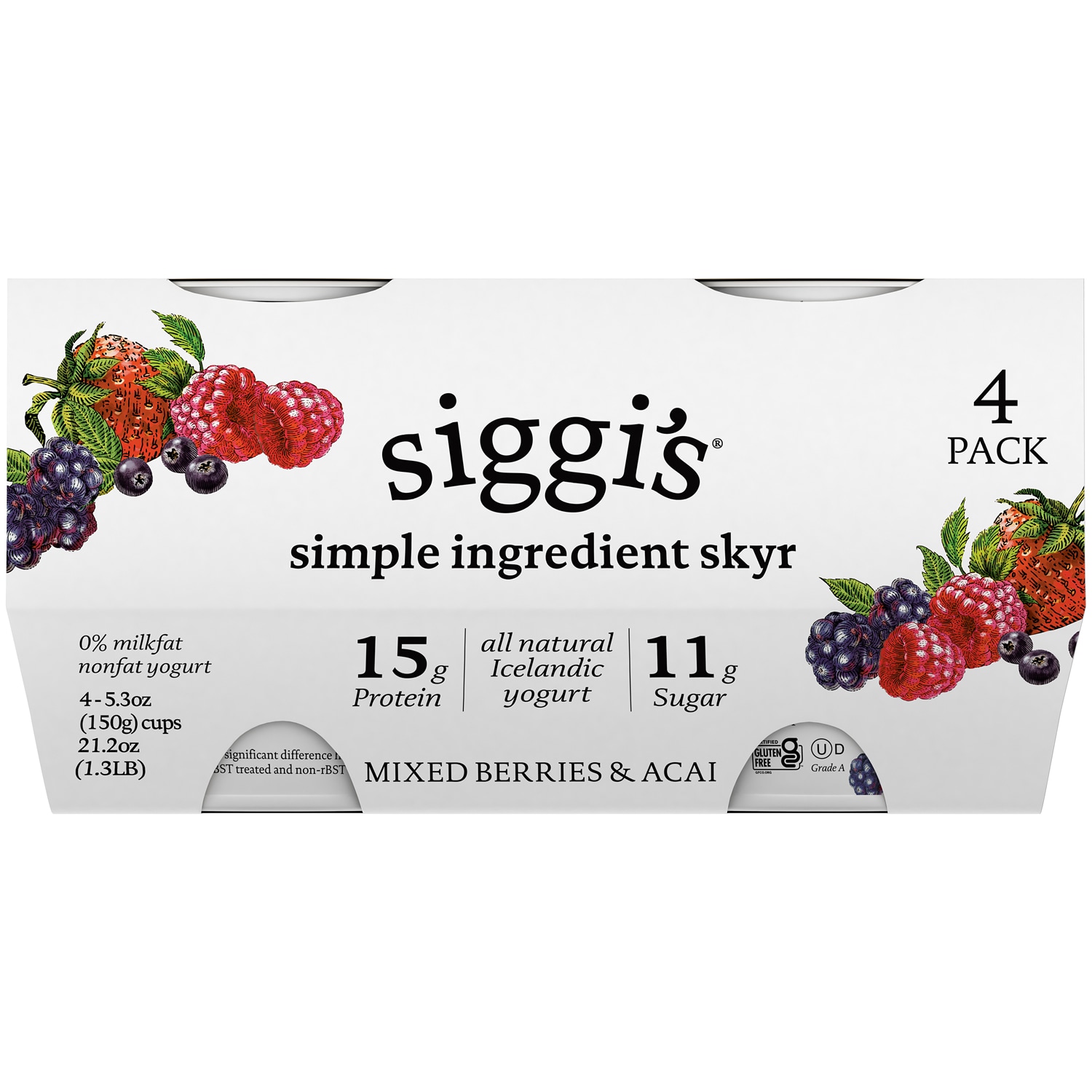 Siggi's Skyr Simple Ingredient Icelandic-Style Strained 0% Nonfat Yogurt, Mixed Berries & Acai