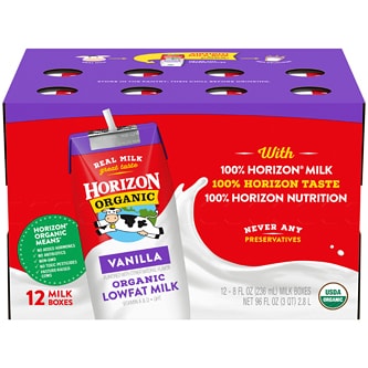 Horizon Organic Low Fat Milk, Vanilla, Boxes