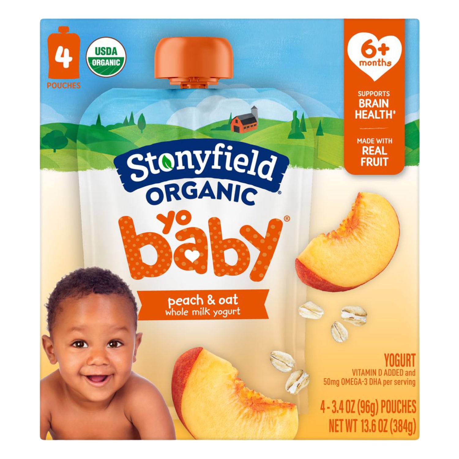 Stonyfield Organic YoBaby Whole Milk Yogurt Pouches, Peach & Oat