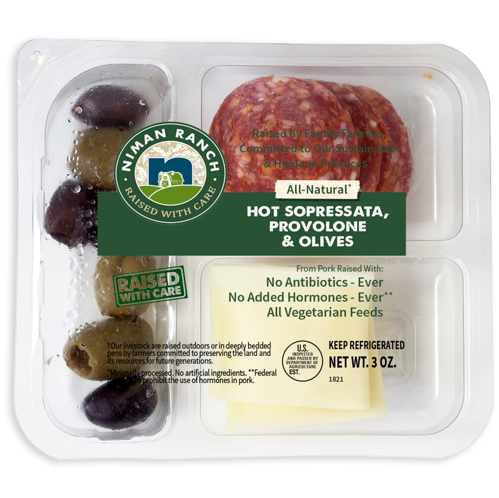 Niman Ranch Hot Sopressata, Provolone, and Olives Snack Pack
