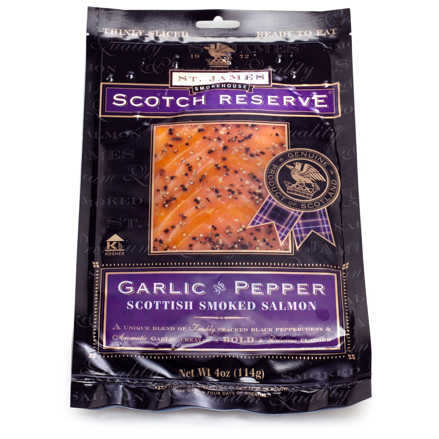 St. James Smokehouse Scotch Reserve Garlic and Pepper Sliced Smoked Scottish Salmon