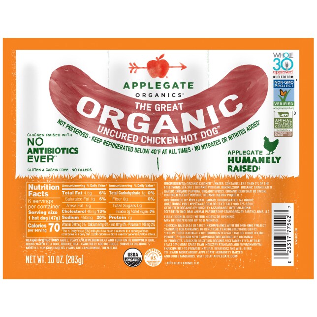 Applegate The Great Organic Uncured Chicken Hot Dogs